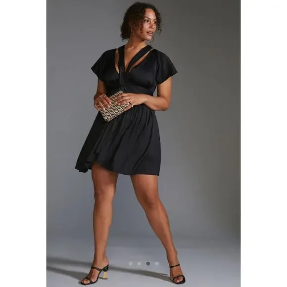 Anthropologie Deep V-Neck Vibrant Mini Dress - Green - Size 16 - Picture 1 of 9